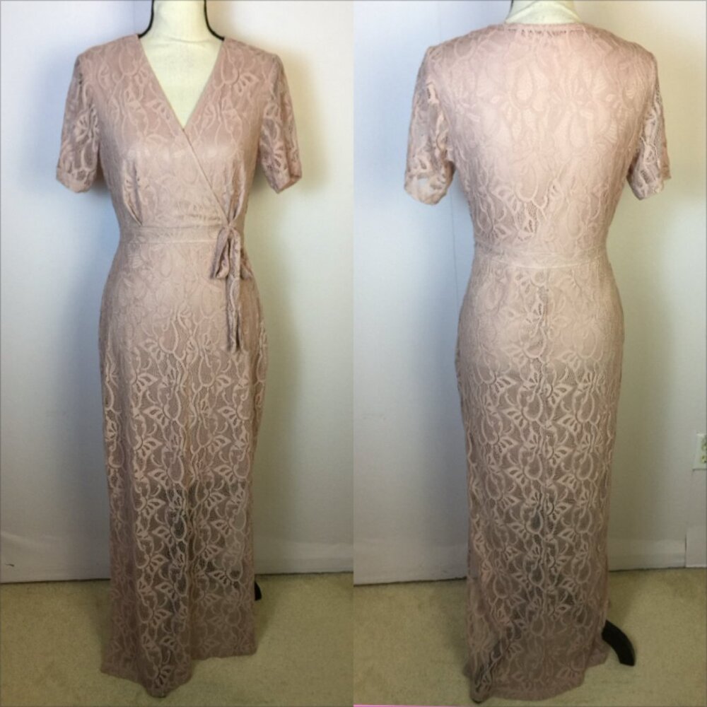 En Focus Studio Maxi Wrap Dress Size 8 Womans Blush Pink Lace Short Sleeve Sheer
